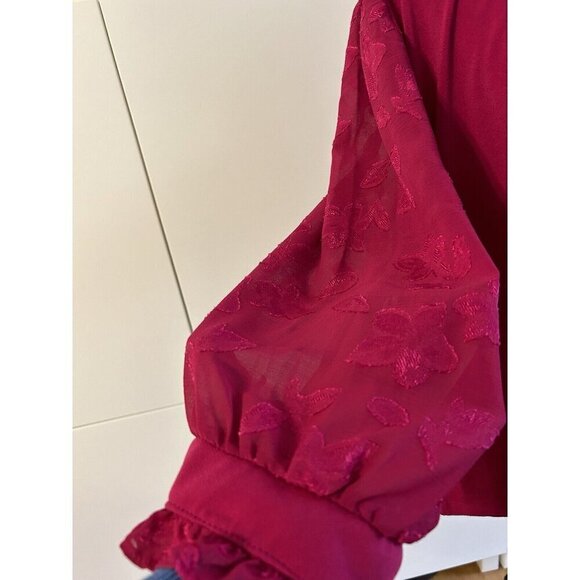 CeCe Womens Ruffle Neck 3/4 Semi Sheer Embroidered Sleeve Plumeria Size L - Picture 3 of 7